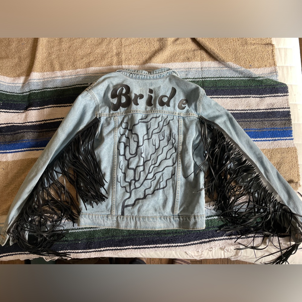 Bachelorette bride jean jacket leather fringe women’s M